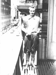 Forrest J. Ackerman in a futuristic costume at Worldcon 1939, perhaps the first costume in fandom history, New York City. Photo c/o Robert Madle/Fanac History Project. 