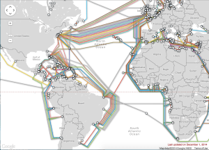 Map of transatlantic submarine cable lines as of 2014, courtesy of SubmarineCableMap.com.